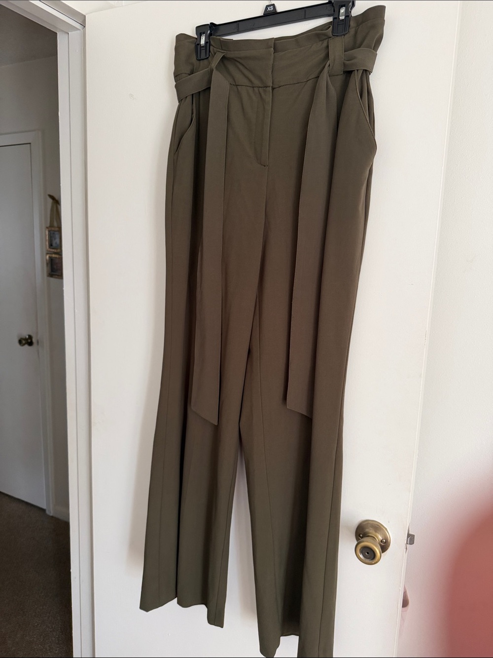 High-Waist Olive Wide-Leg Paperbag Trousers with Self-Tie